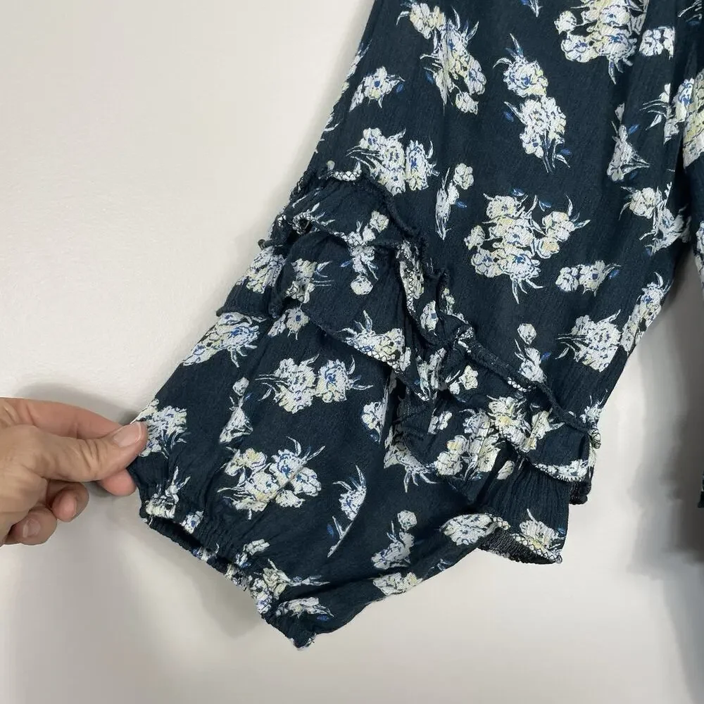 Denim & Supply Ralph Lauren RL Boho Top Womens Sz XS Navy Floral Peasant Tassels